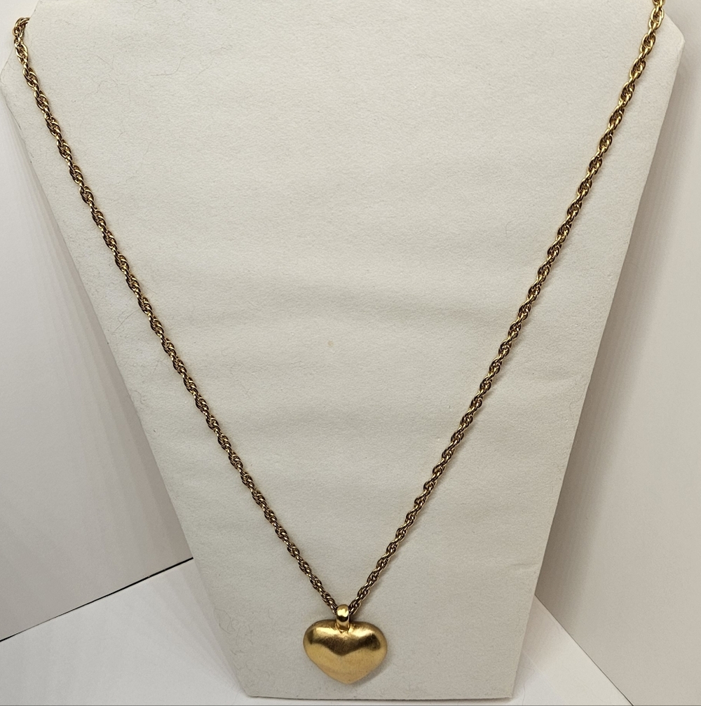 Puffy Heart Gold Tone Pendant Necklace Long Rope Chain Valentine's Day Love